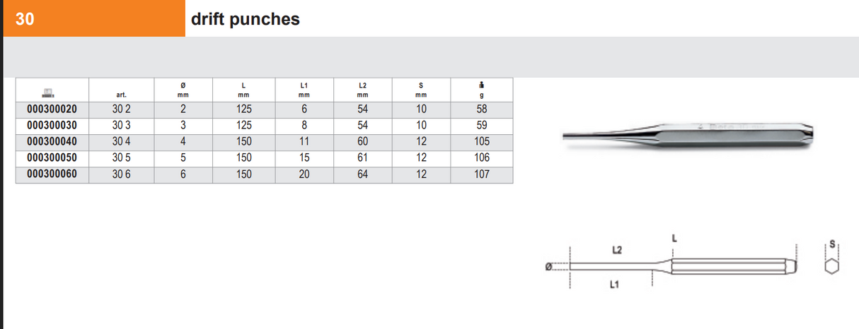 30 2-DRIFT PUNCHES 125MM